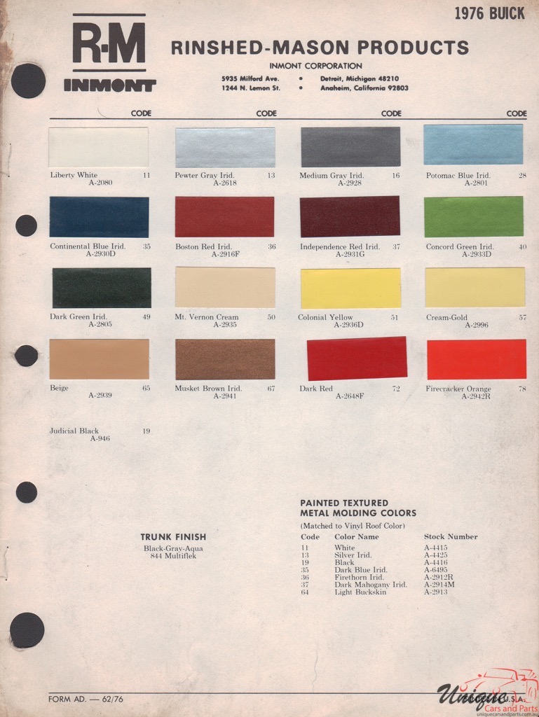 1976 Buick Paint Charts RM 1